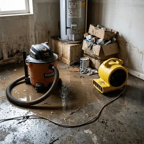 Shop vacuum and air mover in a wet basement beside the water heater