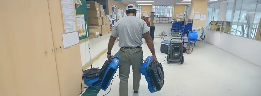 Tech carrying air movers through an office being dried after a water leak