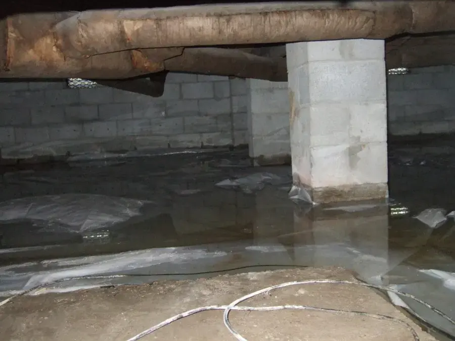 Standing water on the ground of a crawl space beside a block pier under the floor joists