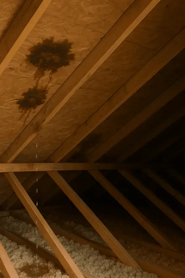 Water stains on attic roof decking above wet insulation from a roof leak