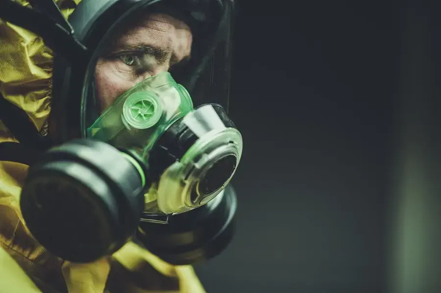 Full-face respirator and protective suit worn for Category 3 sewage cleanup