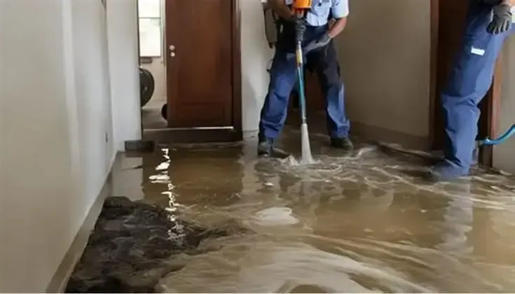Extraction wand pulling standing floodwater out of a hallway