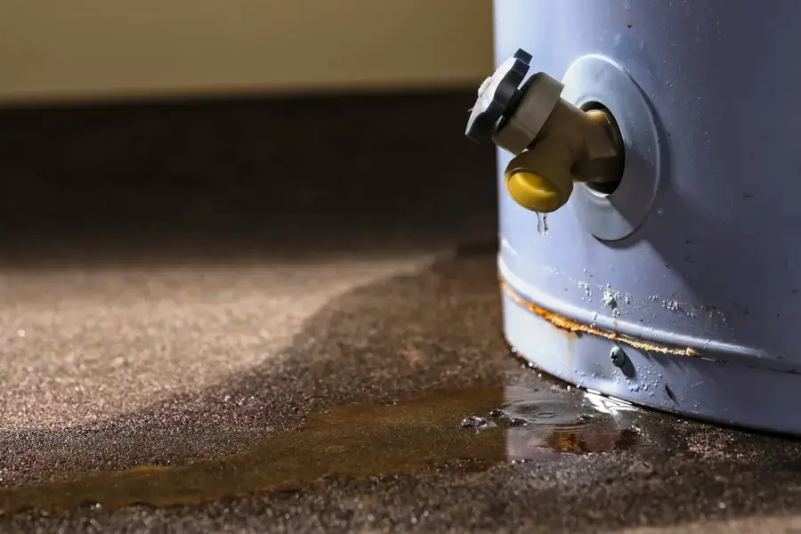 Water pooling on the floor at the base of a leaking tank water heater